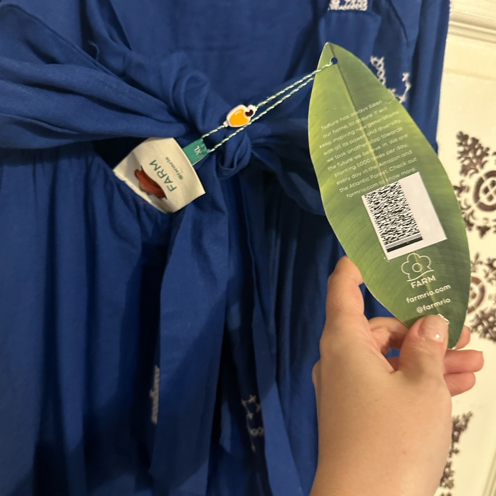 Farm Rio Blue Macaw Embroidered Backless Midi Dress NWT– Size XL - Picture 7 of 11